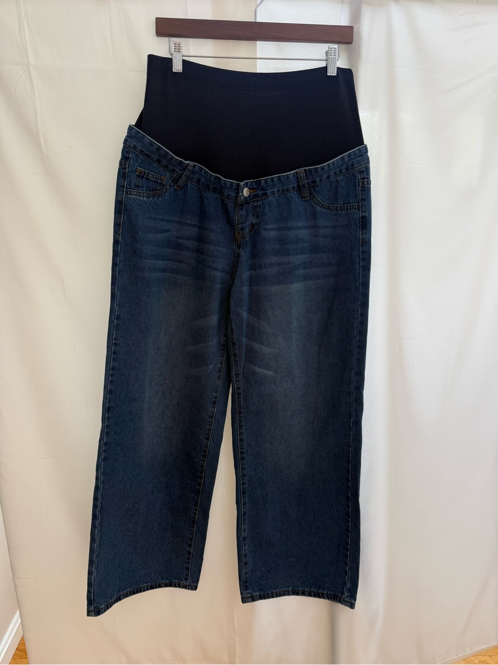 Maternity Dark Wash Blue Stretch Jeans with Black Over-the-Belly Panel